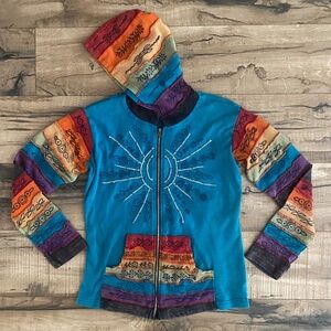 RISING INTERNATIONAL Multicolor Boho Zippered Hooded Jacket w/Pockets Sz Medium